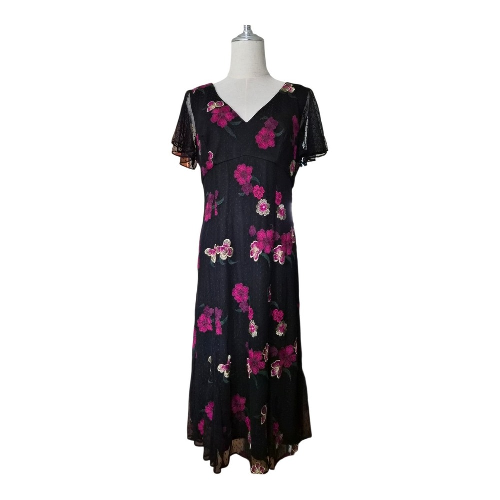 Adrianna Papell NWT Floral Embroidered Mesh Midi Dress Black Pink Size 8